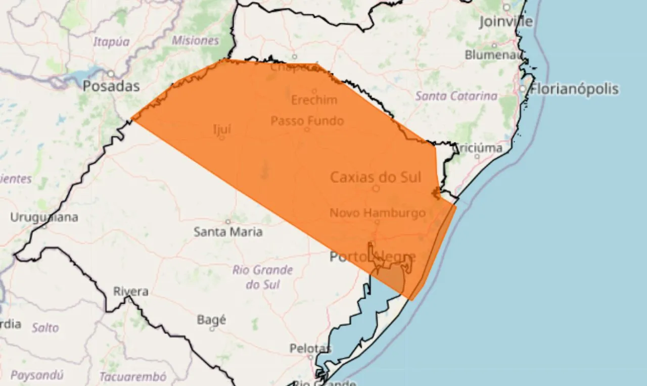 O mapa mostra as áreas em alerta para tempestade, chuva e ventos